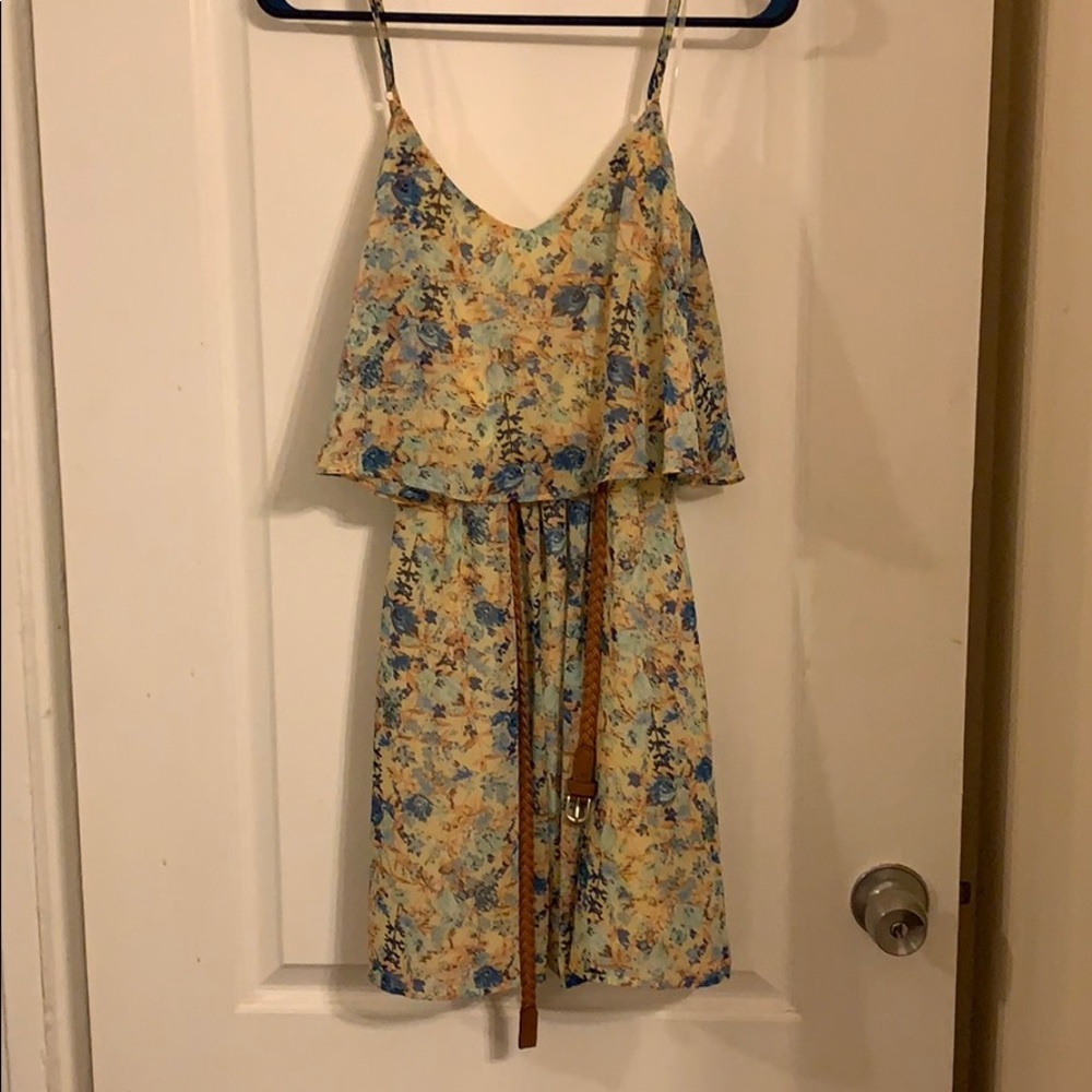 Yellow and blue floral day dress with belt